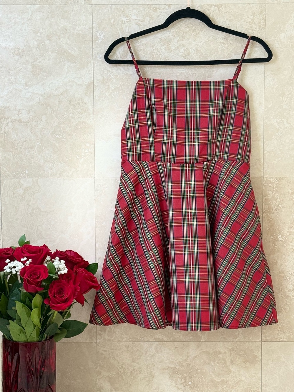 Altar’d State Red Plaid Bow Back Holiday Fit & Flare Dress Small EUC - Picture 5 of 9